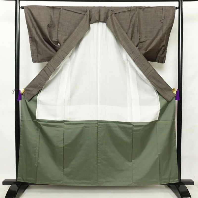 紬 良品 しつけ糸付き 正絹 幾何学柄・抽象柄 袷仕立て 身丈161.5cm 裄丈65.5cm 紬着物 茶_画像3