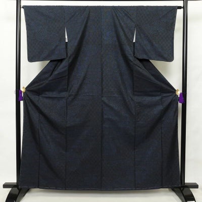 紬 しつけ糸付き 正絹 花柄 袷仕立て 身丈162.5cm 裄丈65cm 紬着物 青・紺