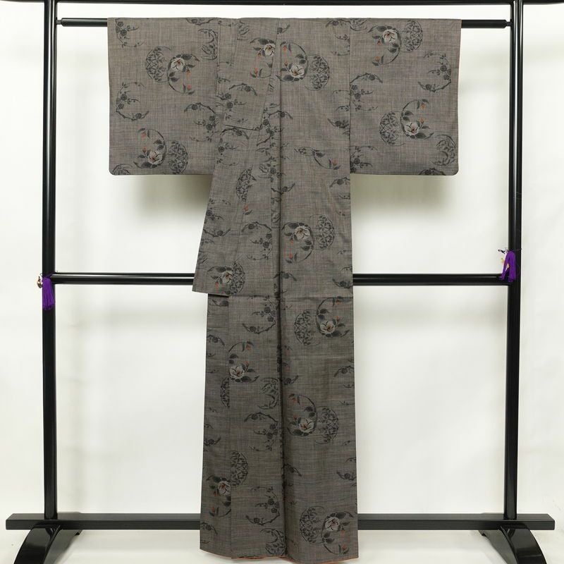 紬 正絹 花柄 袷仕立て 身丈160cm 裄丈63cm 紬着物 つむぎ 茶_画像2