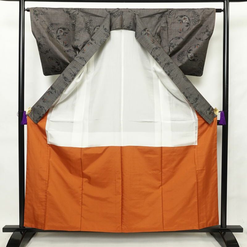 紬 正絹 花柄 袷仕立て 身丈160cm 裄丈63cm 紬着物 つむぎ 茶_画像3