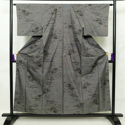 紬 良品 正絹 風景柄 袷仕立て 身丈156.5cm 裄丈63.5cm 紬着物 グレー