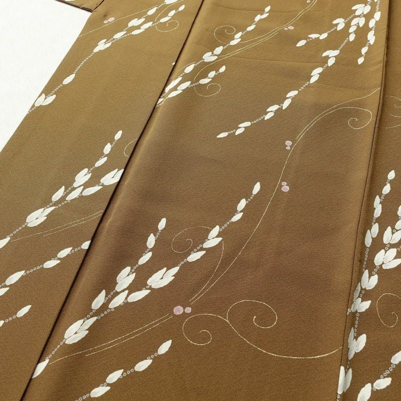 小紋 縮緬 正絹 木の葉・植物柄 袷仕立て 身丈169.5cm 裄丈71cm 小紋着物 黄・黄土色_画像5
