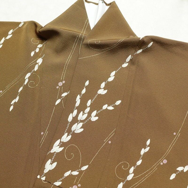 小紋 縮緬 正絹 木の葉・植物柄 袷仕立て 身丈169.5cm 裄丈71cm 小紋着物 黄・黄土色_画像14