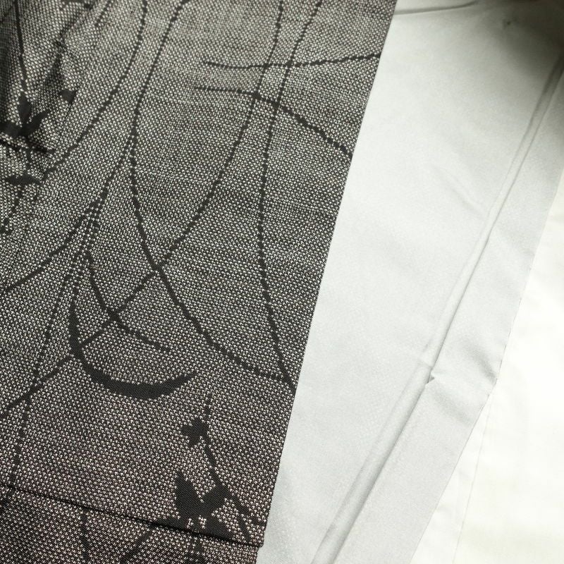 紬 良品 正絹 木の葉・植物柄 袷仕立て 身丈155.5cm 裄丈62.5cm 紬着物 グレー_画像16