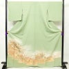 色留袖 良品 王宮紫苑圖 一つ紋付き ちりめん 正絹 古典柄 袷仕立て 身丈167.5cm 裄丈68.5cm 金糸 着物 御所車 緑・うぐいす色_画像1