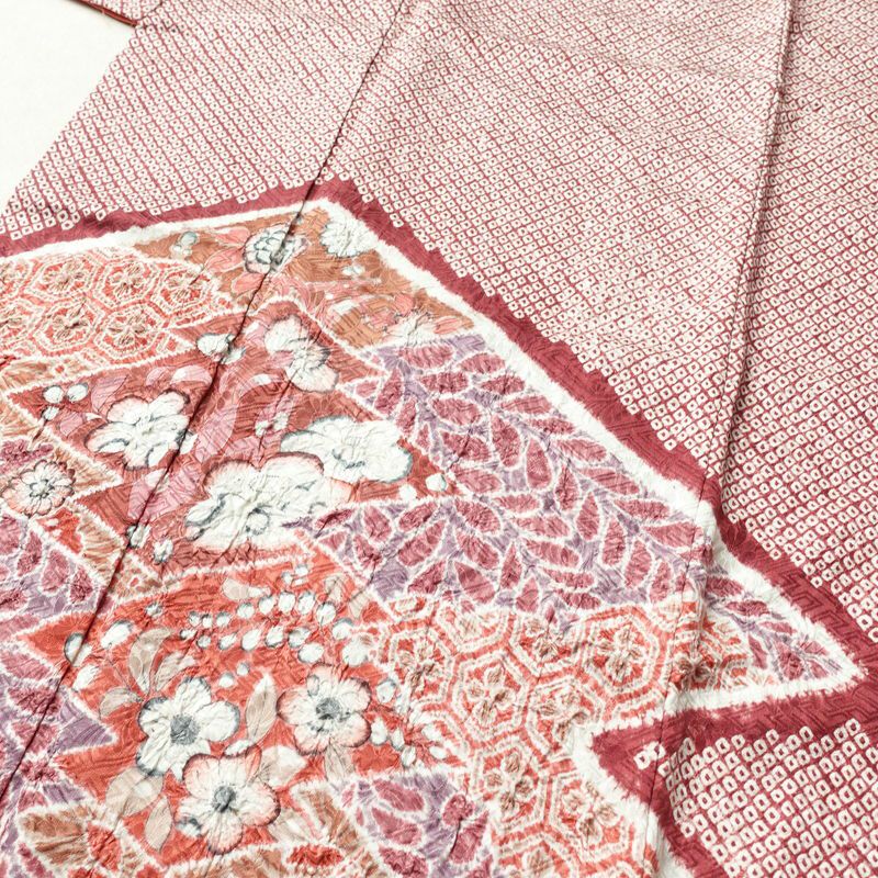 付け下げ 良品 絞り 正絹 古典柄 袷仕立て 身丈163.5cm 裄丈65.5cm 着物 附下 小豆・エンジ_画像5