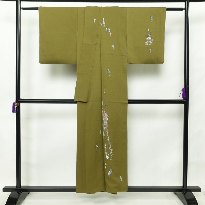 訪問着 良品 落款入り 正絹 祇園まつり 人物・動物柄 袷仕立て 身丈153.5cm 裄丈63.5cm 着物 緑・うぐいす色_画像2