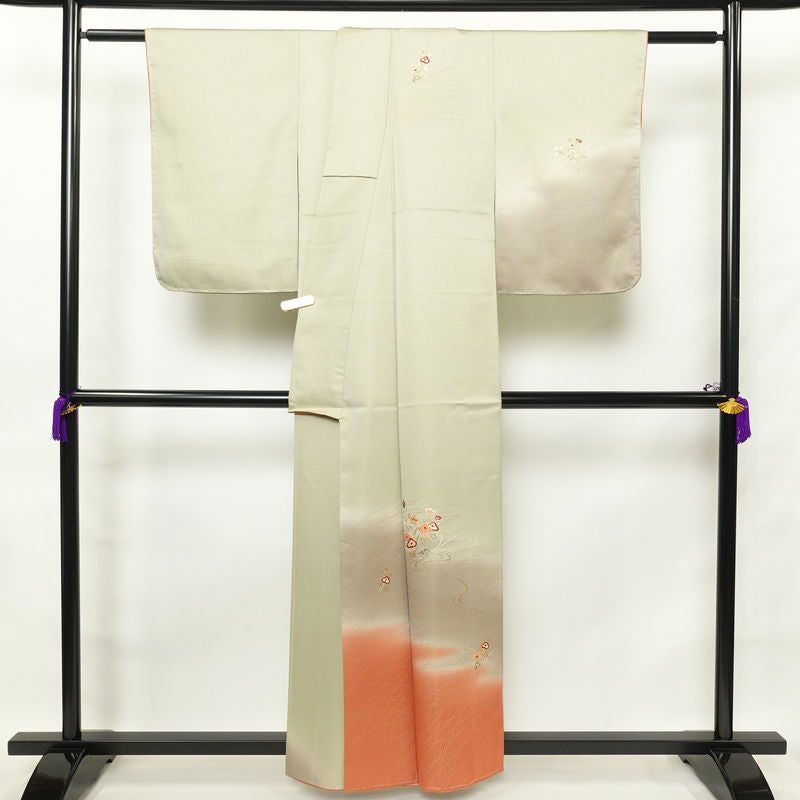 訪問着 しつけ糸付き 正絹 袷仕立て 身丈158cm 裄丈63cm 刺繍 着物 金彩 木の葉・植物柄 緑・うぐいす色_画像2