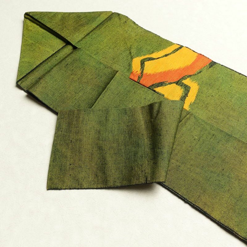 名古屋帯 紬地 太鼓柄 良品 正絹 幾何学柄・抽象柄 名古屋仕立て 緑・うぐいす色_画像20