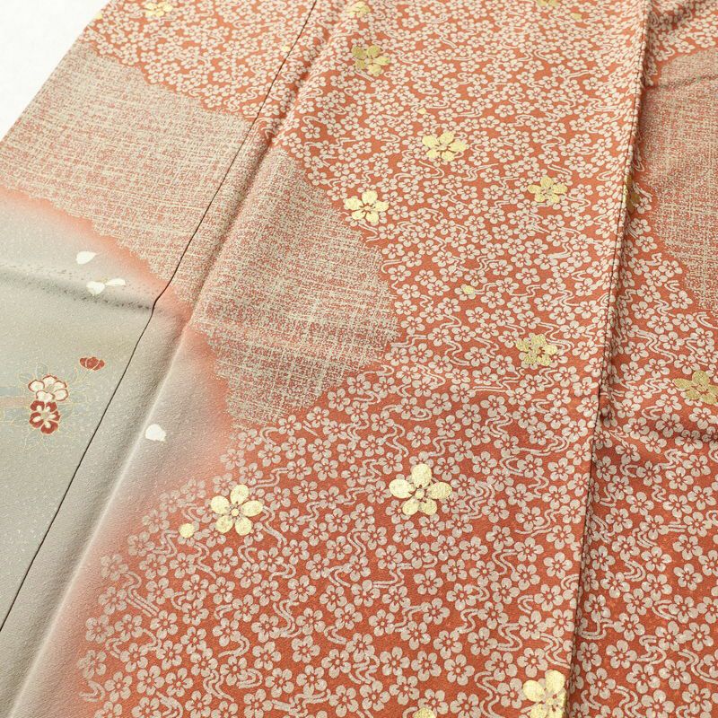 訪問着 縮緬 正絹 花柄 袷仕立て 身丈162.5cm 裄丈65.5cm 着物 ますいわ屋 箔 茶_画像5