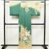 訪問着 良品 正絹 花柄 袷仕立て 身丈165cm 裄丈66.5cm 箔 刺繍 共八掛 金彩 緑・うぐいす色_画像2