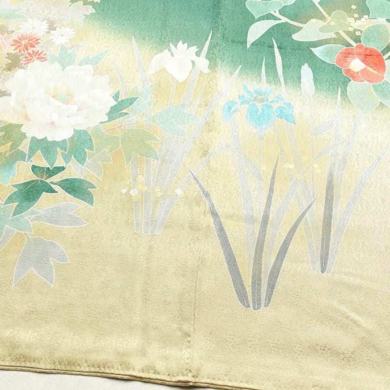 訪問着 良品 正絹 花柄 袷仕立て 身丈165cm 裄丈66.5cm 箔 刺繍 共八掛 金彩 緑・うぐいす色_画像11