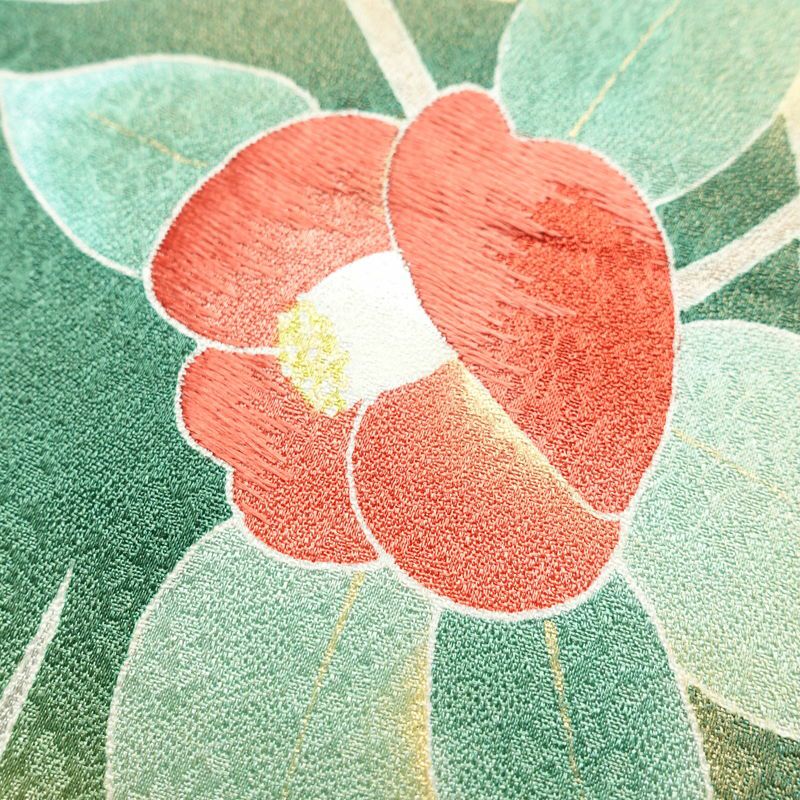 訪問着 良品 正絹 花柄 袷仕立て 身丈165cm 裄丈66.5cm 箔 刺繍 共八掛 金彩 緑・うぐいす色_画像12