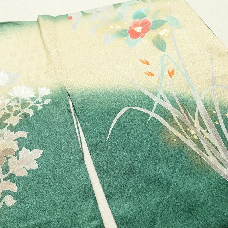 訪問着 良品 正絹 花柄 袷仕立て 身丈165cm 裄丈66.5cm 箔 刺繍 共八掛 金彩 緑・うぐいす色_画像13