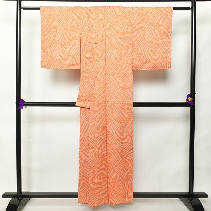小紋 総絞り 正絹 流水・波柄 袷仕立て 身丈155.5cm 裄丈63cm 小紋着物 絞り 橙_画像2