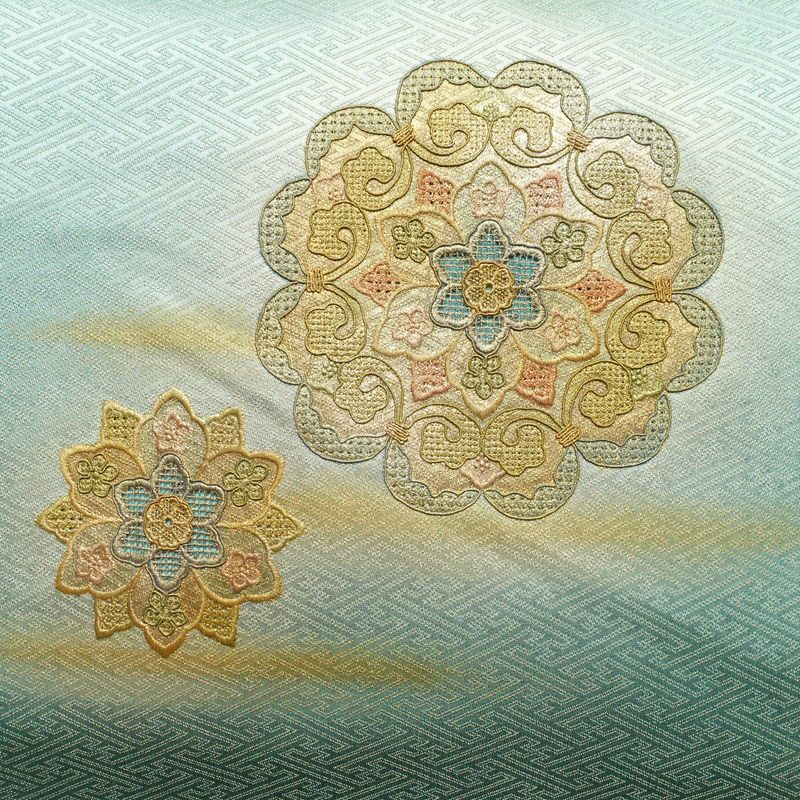 袋帯 太鼓柄 スワトウ刺繍 正絹 幾何学柄・抽象柄 箔 緑・うぐいす色_画像2