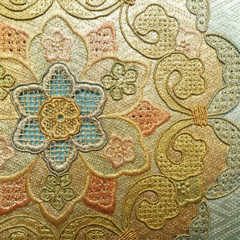 袋帯 太鼓柄 スワトウ刺繍 正絹 幾何学柄・抽象柄 箔 緑・うぐいす色_画像3