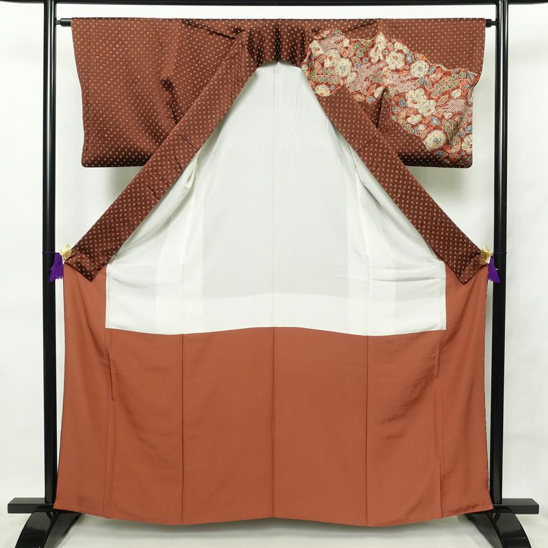 訪問着 良品 辻が花 絞り 正絹 花柄 袷仕立て 身丈162cm 裄丈64.5cm フォーマル 着物 茶_画像3