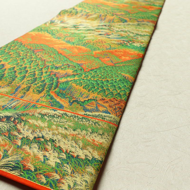 袋帯 全通柄 萬葉 良品 一般用 正絹 山 稲穂 風景柄 橙_画像9