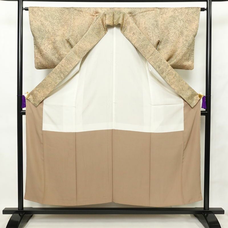 小紋 正絹 花柄 袷仕立て 身丈153cm 裄丈64cm 小紋着物 ベージュ ぼかし_画像3