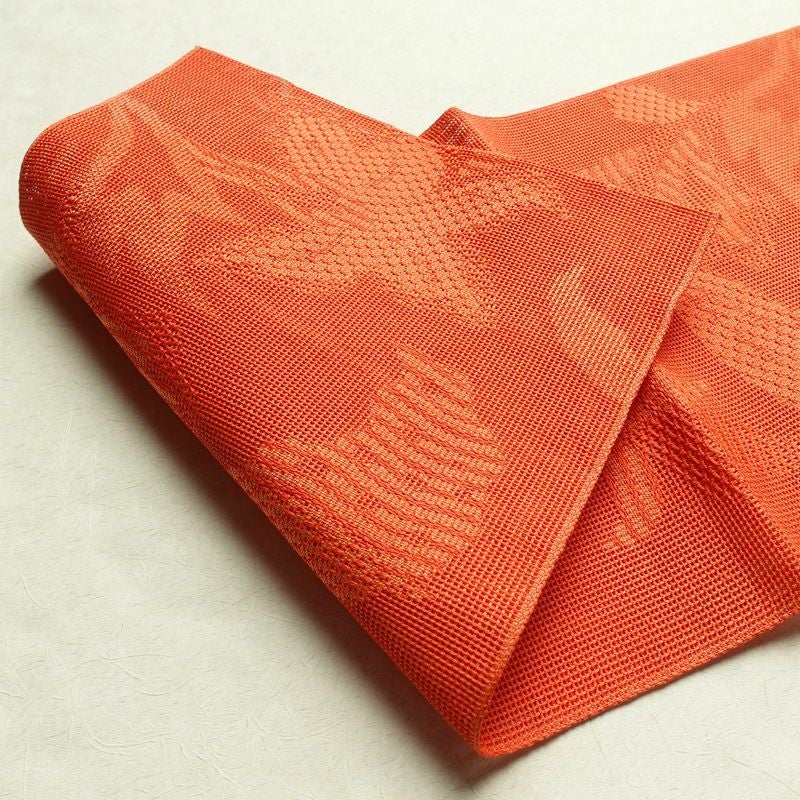 名古屋帯 全通柄 美品 夏用 正絹 木の葉・植物柄 松葉仕立て 橙_画像11