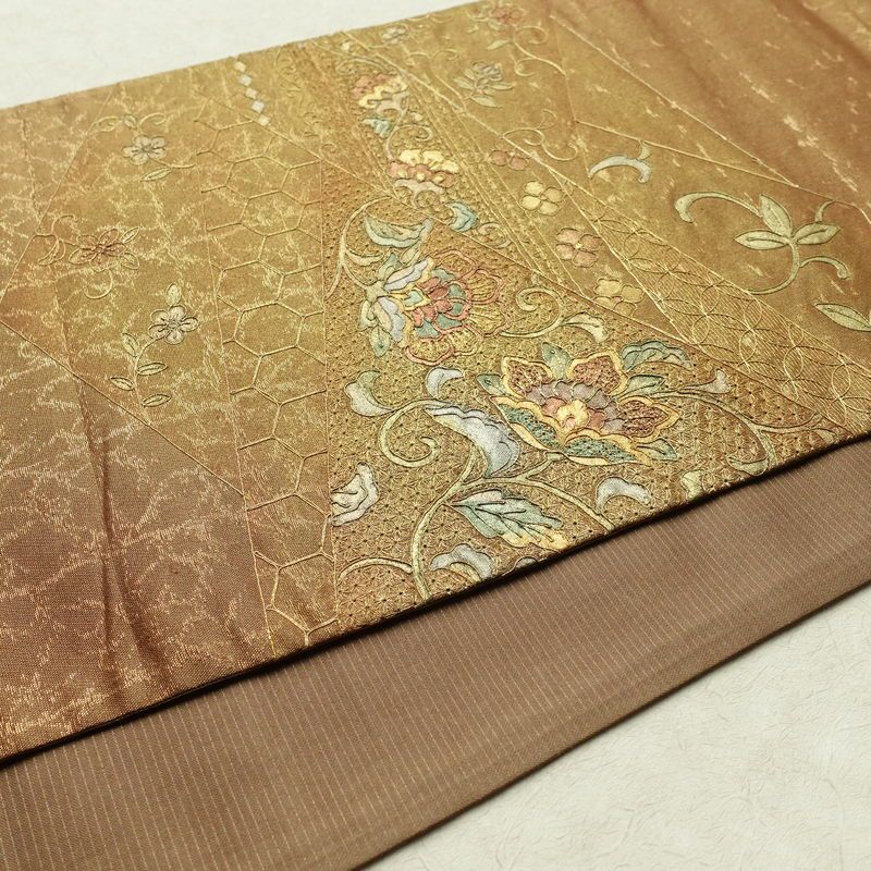 袋帯 太鼓柄 スワトウ刺繍 フォーマル用 正絹 花柄 黄・黄土色_画像13