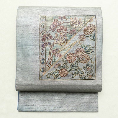 袋帯 太鼓柄 一般用 正絹 木の葉・植物柄 箔 刺繍 グレー