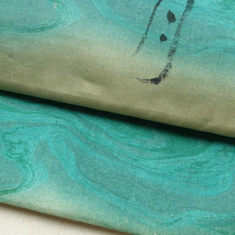 袋帯 太鼓柄 落款入り 良品 紬地 松潭月色涼 一般用 正絹 流水・波柄 緑・うぐいす色_画像7