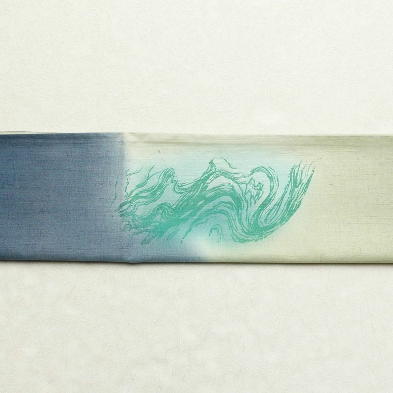 袋帯 太鼓柄 落款入り 良品 紬地 松潭月色涼 一般用 正絹 流水・波柄 緑・うぐいす色_画像15