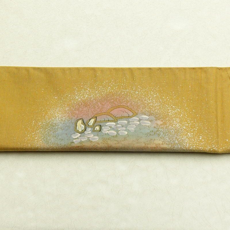 袋帯 太鼓柄 良品 落款入り 一般用 正絹 風景柄 箔 黄・黄土色_画像16