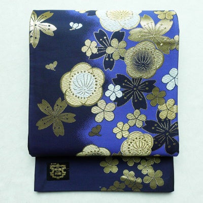 袋帯 未仕立て品 六通柄 美品 証紙あり 振袖用 正絹 花柄 桜 青・紺