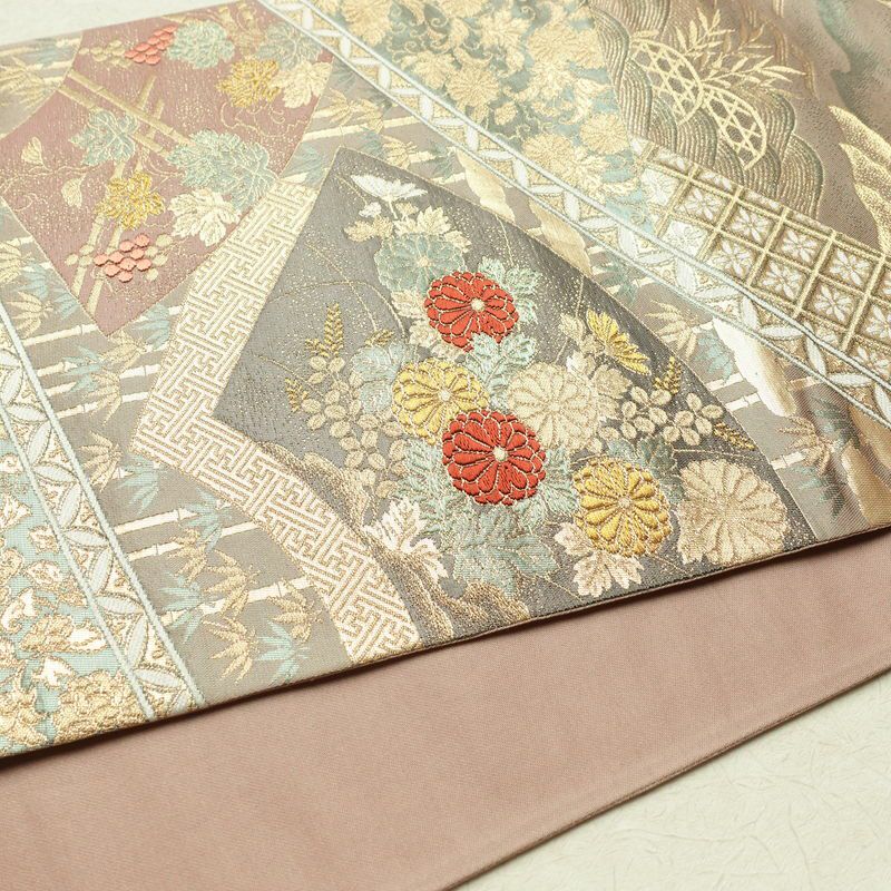 袋帯 六通柄 フォーマル用 正絹 古典柄 菊 刺繍 小豆・エンジ_画像10