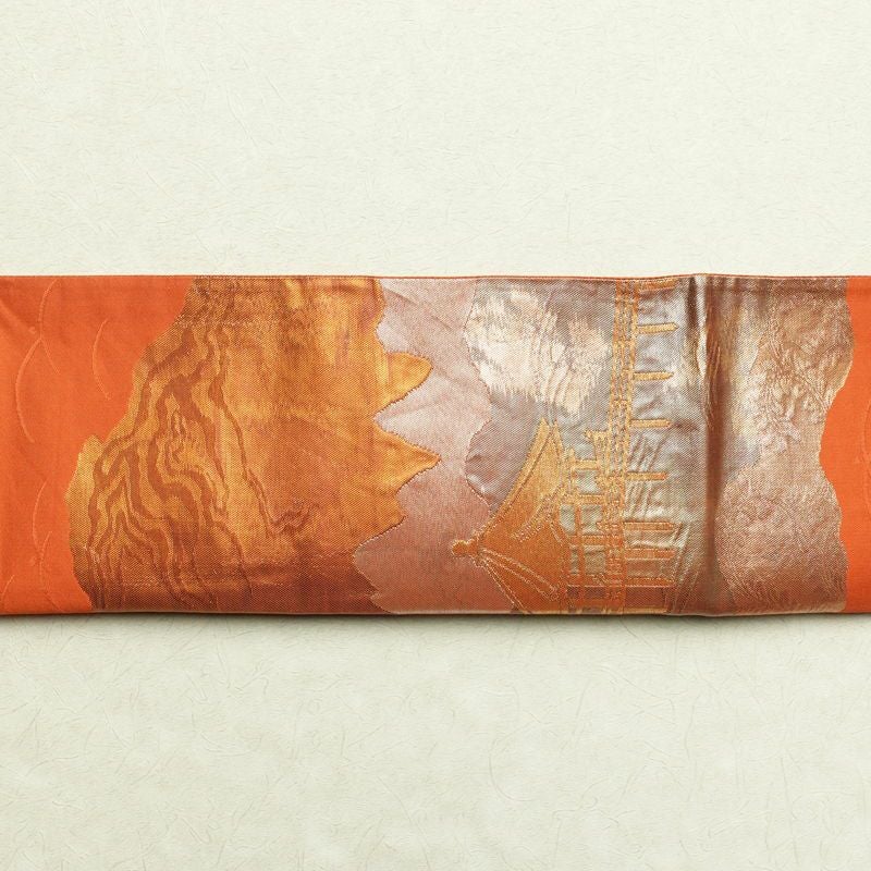 袋帯 六通柄 フォーマル用 正絹 風景柄 箔 橙_画像15