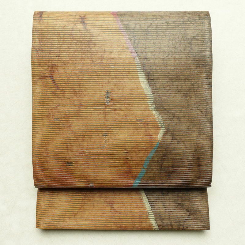 袋帯 六通柄 手引箔 一般用 正絹 幾何学柄・抽象柄 一部しつけ糸付き 茶_画像1