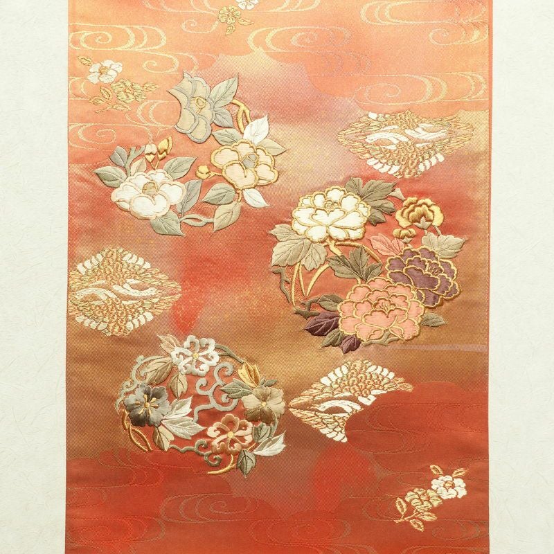 袋帯 六通柄 良品 フォーマル用 正絹 刺繍 花柄 古典柄 橙_画像8