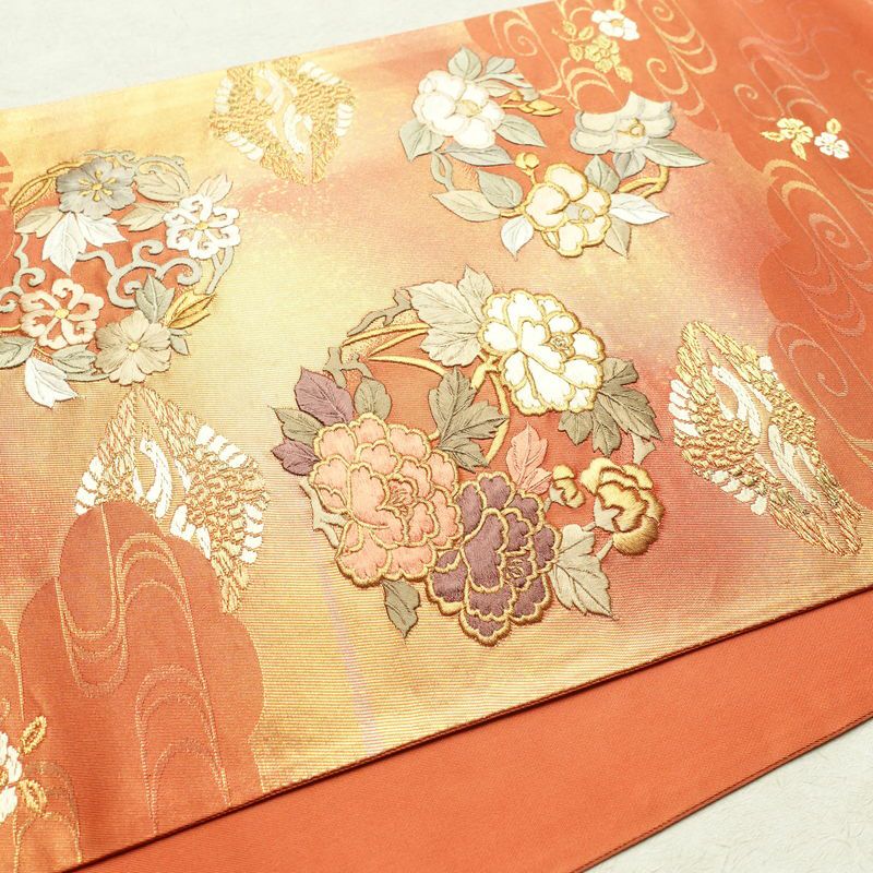 袋帯 六通柄 良品 フォーマル用 正絹 刺繍 花柄 古典柄 橙_画像12