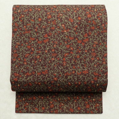 名古屋帯 全通柄 美品 綿 花柄 名古屋仕立て 小豆・エンジ
