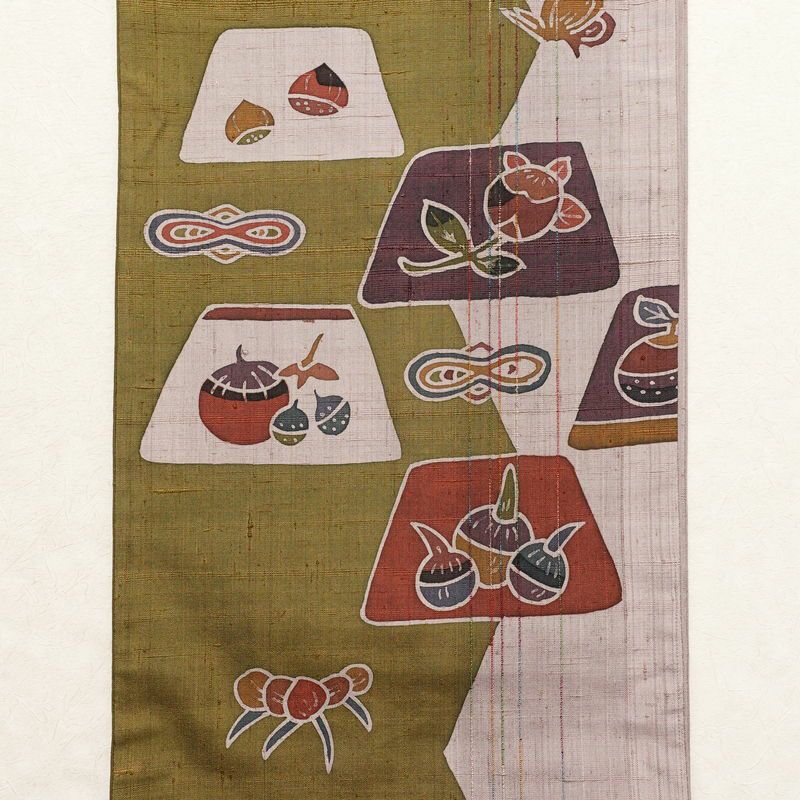 袋帯 落款入り 太鼓柄 一般用 正絹 栗 クワイ その他の柄 黄・黄土色_画像9