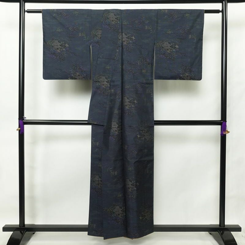 紬 正絹 風景柄 袷仕立て 身丈154.5cm 裄丈67cm 紬着物 青・紺_画像2