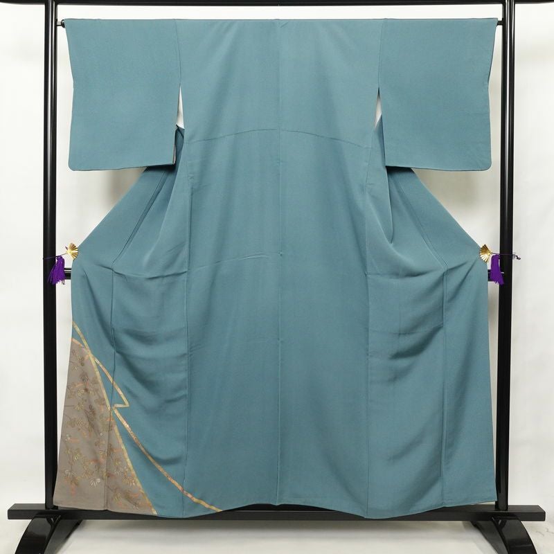 付け下げ 正絹 木の葉・植物柄 袷仕立て 身丈155.5cm 裄丈66cm 箔 共八掛 附下 着物 青・紺_画像1