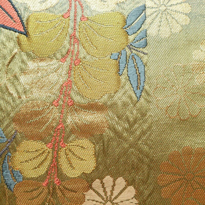 袋帯 全通柄 良品 ふくれ織 正絹 古典柄 箔 緑・うぐいす色_画像7