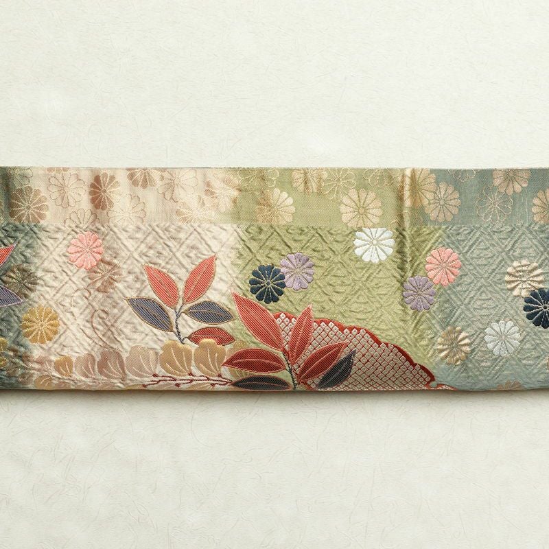 袋帯 全通柄 良品 ふくれ織 正絹 古典柄 箔 緑・うぐいす色_画像16