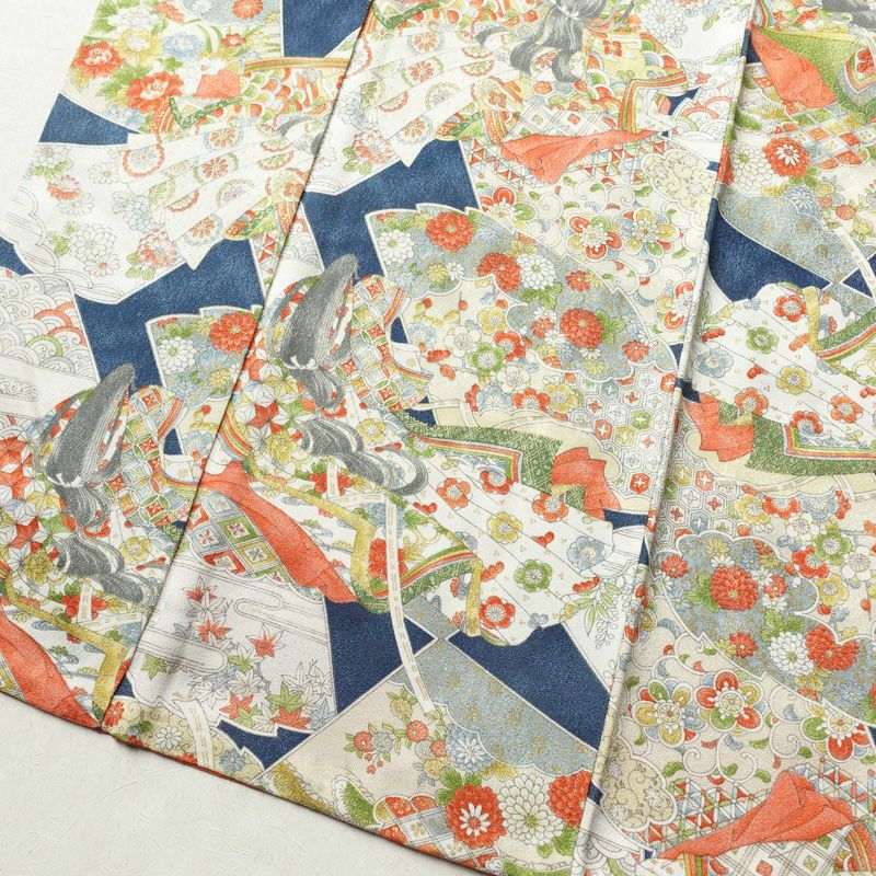 小紋 良品 正絹 人物・動物柄 袷仕立て 身丈155.5cm 裄丈66cm 金彩 小紋着物 青・紺_画像4