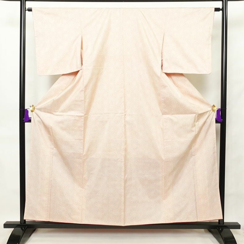 紬 正絹 麻の葉柄 袷仕立て 身丈157cm 裄丈63.5cm 紬着物 クリーム_画像1