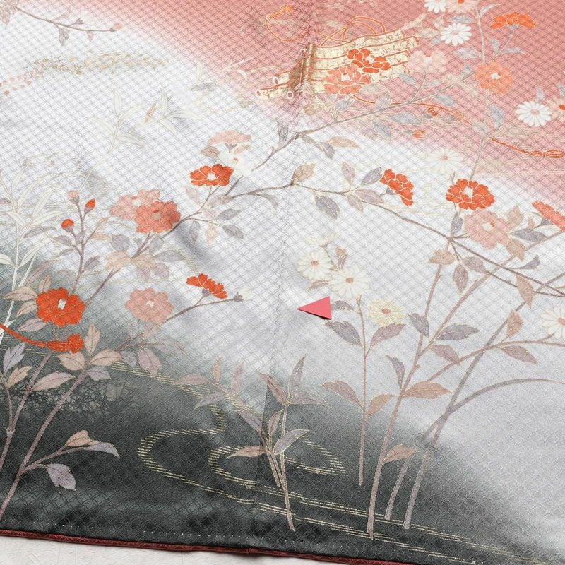 訪問着 綸子 正絹 古典柄 袷仕立て 身丈157.5cm 裄丈64.5cm 箔 共八掛 金彩 フォーマル 着物 小豆・エンジ_画像12