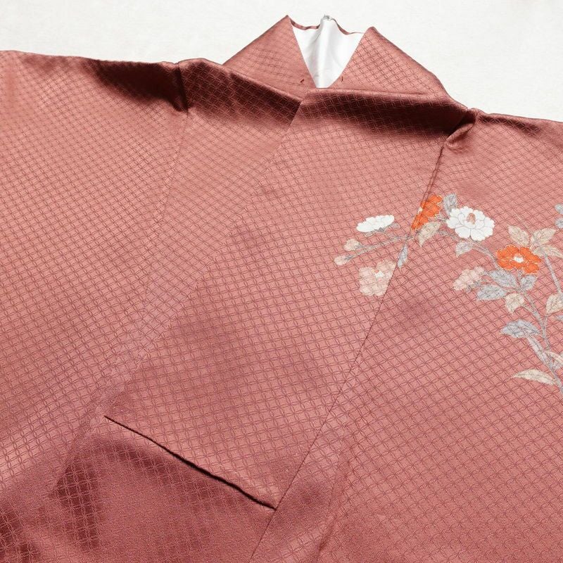 訪問着 綸子 正絹 古典柄 袷仕立て 身丈157.5cm 裄丈64.5cm 箔 共八掛 金彩 フォーマル 着物 小豆・エンジ_画像16