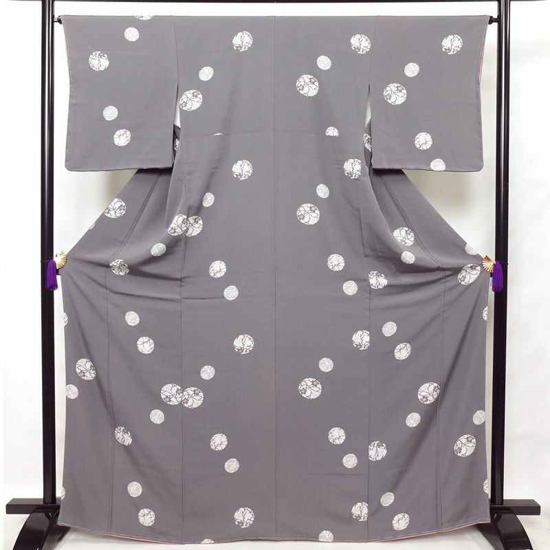 小紋 しつけ糸付き 縮緬 正絹 古典柄 袷仕立て 身丈166cm 裄丈65cm 小紋着物 グレー_画像1