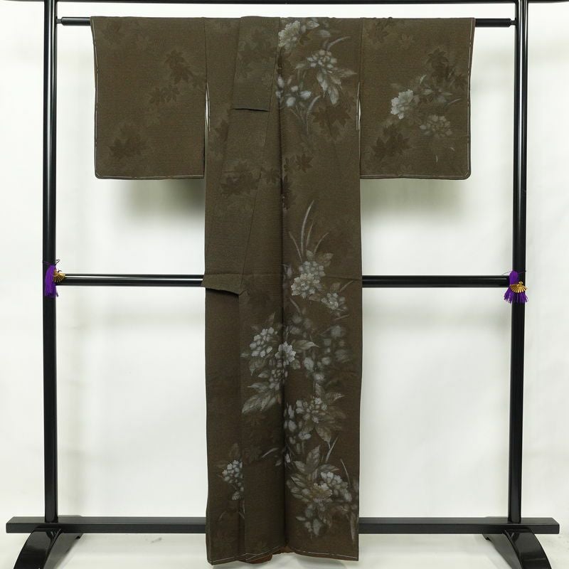 付け下げ しつけ糸付き 正絹 木の葉・植物柄 袷仕立て 身丈159cm 裄丈68cm 附下 着物 茶_画像2