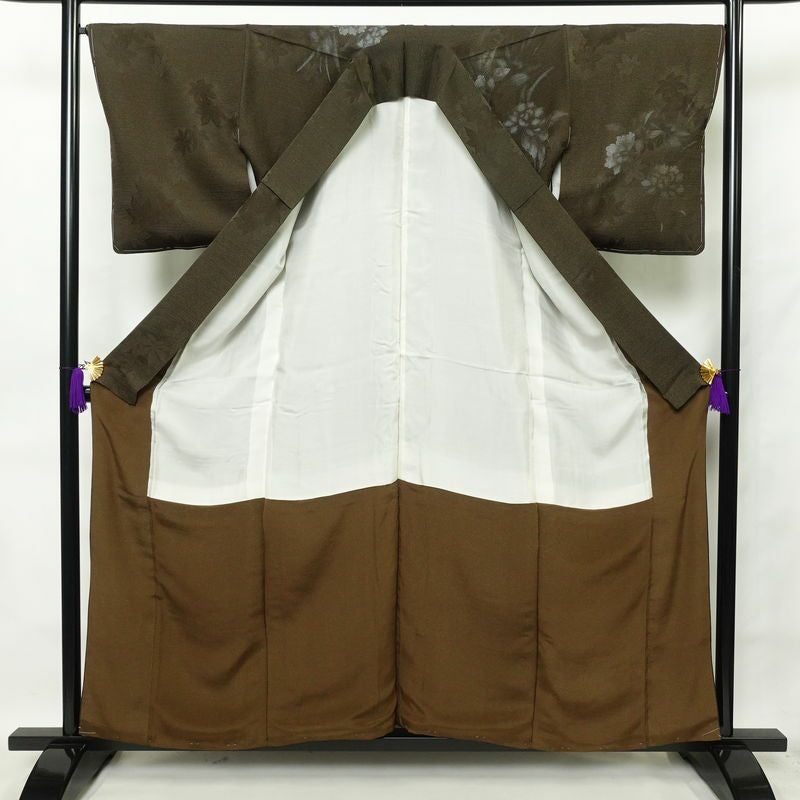 付け下げ しつけ糸付き 正絹 木の葉・植物柄 袷仕立て 身丈159cm 裄丈68cm 附下 着物 茶_画像3