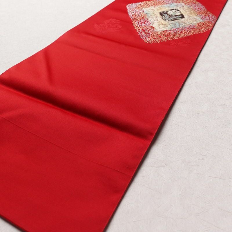 名古屋帯 太鼓柄 ポリエステル 幾何学柄・抽象柄 名古屋仕立て 赤・朱_画像10